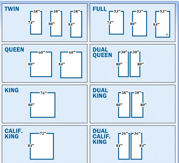 ALL SIZES: twin xxl full xl queen king dual split double extra long adjustable bed sizes
